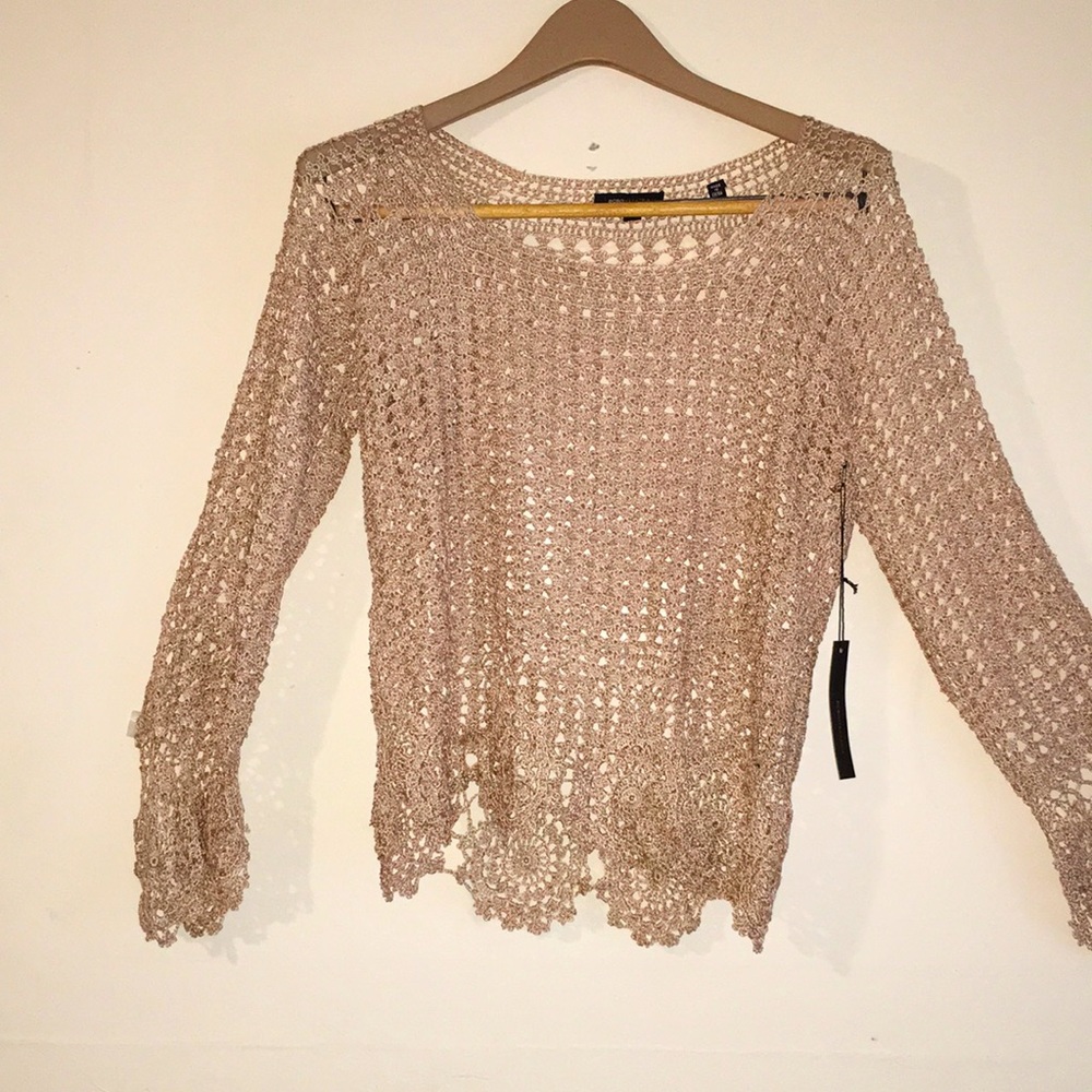 BCBG Maxazria Open Weave Crochet lace brown top